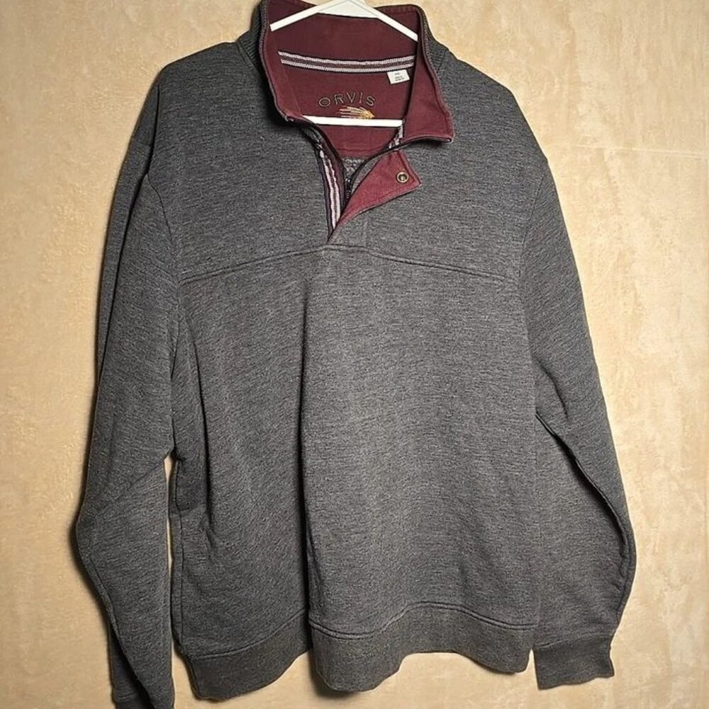 Orvis Men’s Quarter Snap Fleece Pullover Gray Maroon Lined‎ Collar Size 2X 113